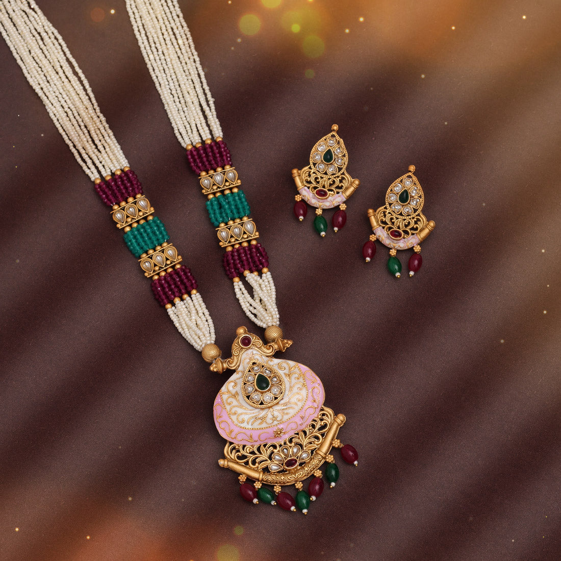 Rani & Green Color Long Meenakari Necklace Set (MKN591RNIGRN) - preyans.com