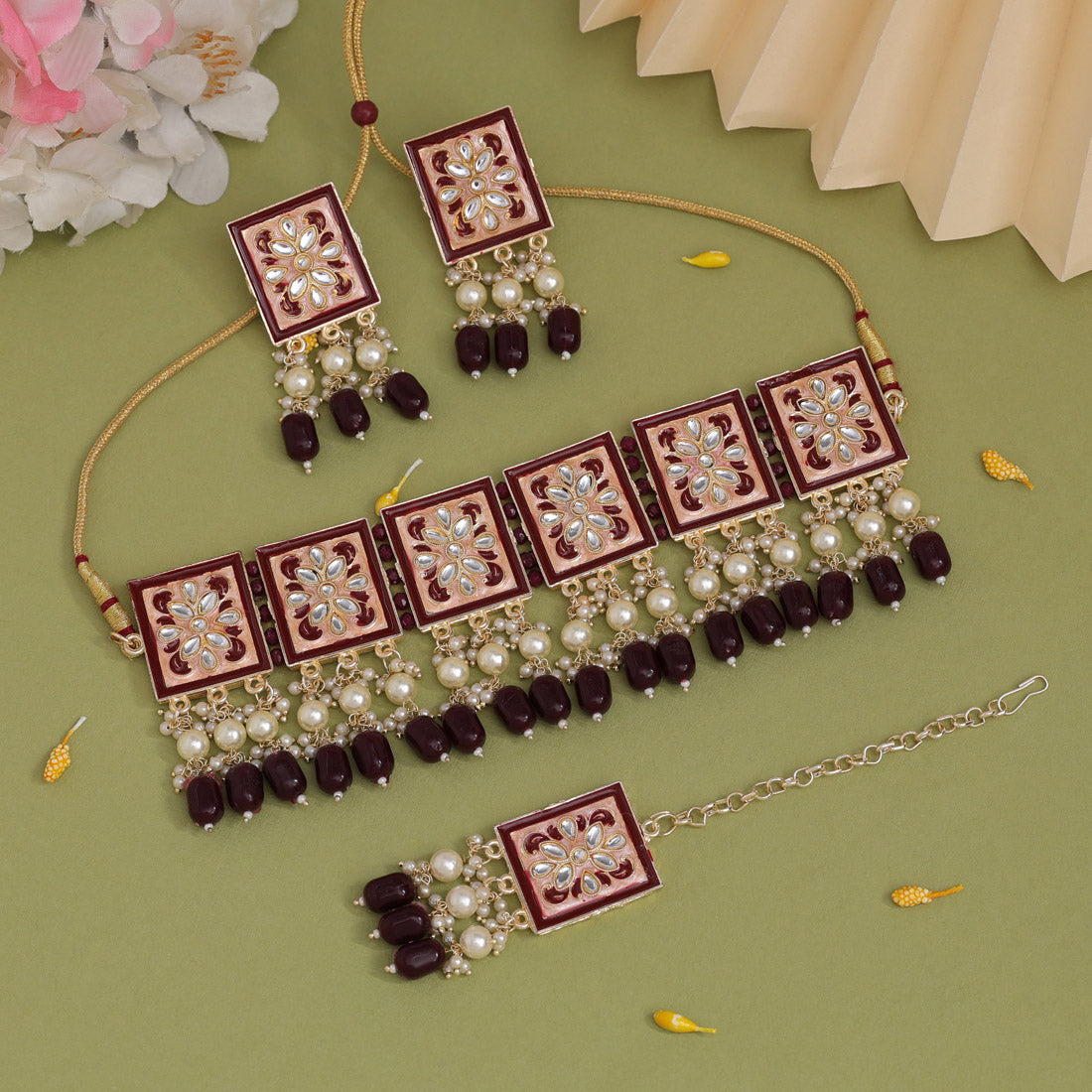 Maroon Color Choker Meenakari Necklace Set (MKN595MRN) - preyans.com