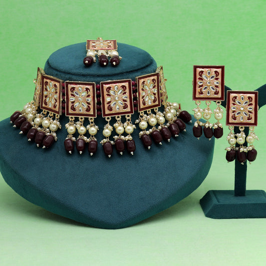 Maroon Color Choker Meenakari Necklace Set (MKN595MRN) - preyans.com