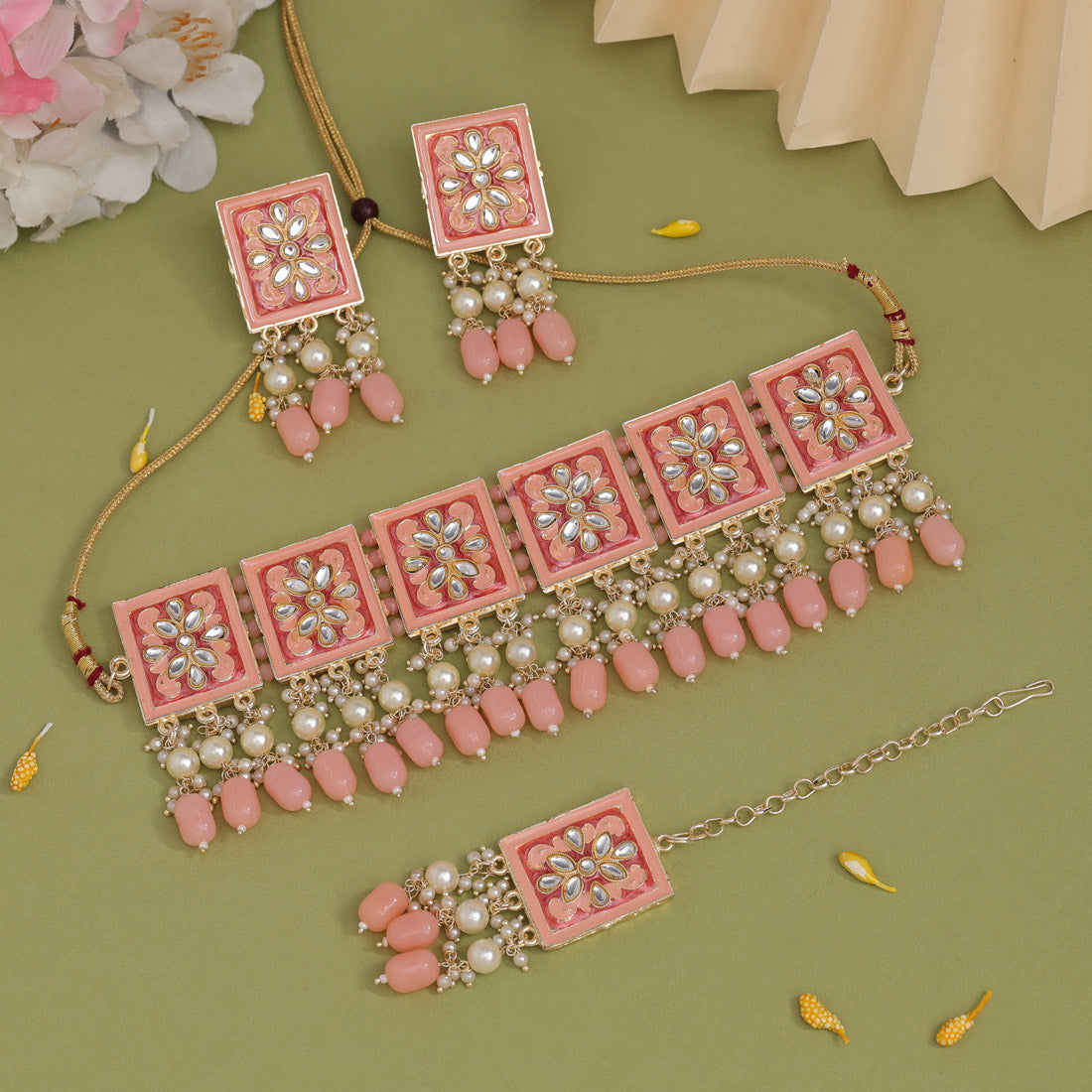 Peach Color Choker Meenakari Necklace Set (MKN595PCH) - preyans.com