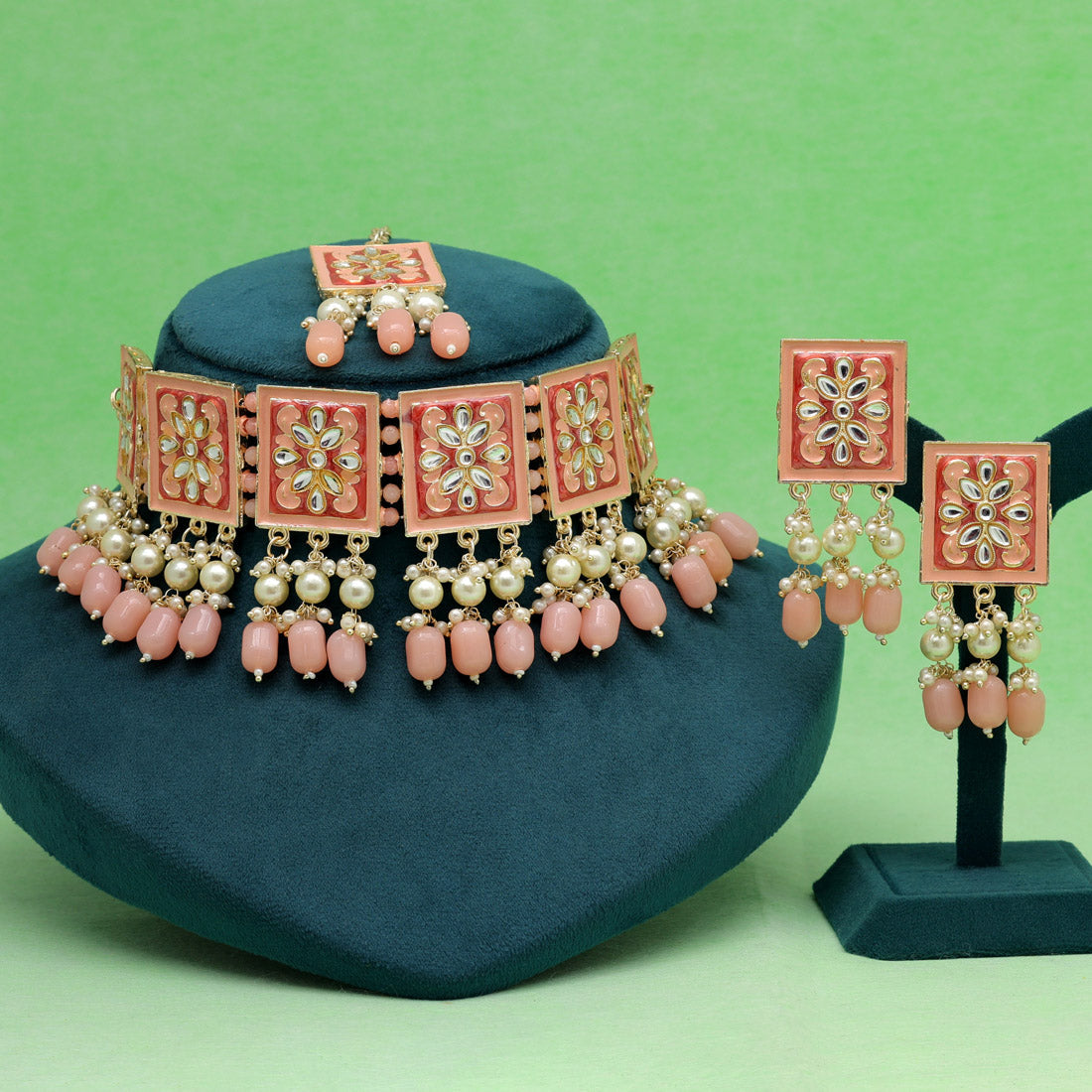 Peach Color Choker Meenakari Necklace Set (MKN595PCH) - preyans.com