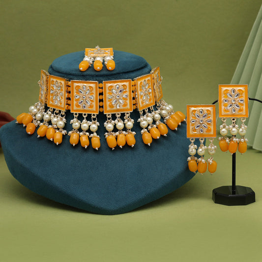 Yellow Color Choker Meenakari Necklace Set (MKN595YLW) - preyans.com