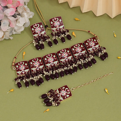 Maroon Color Choker Meenakari Necklace Set (MKN596MRN) - preyans.com