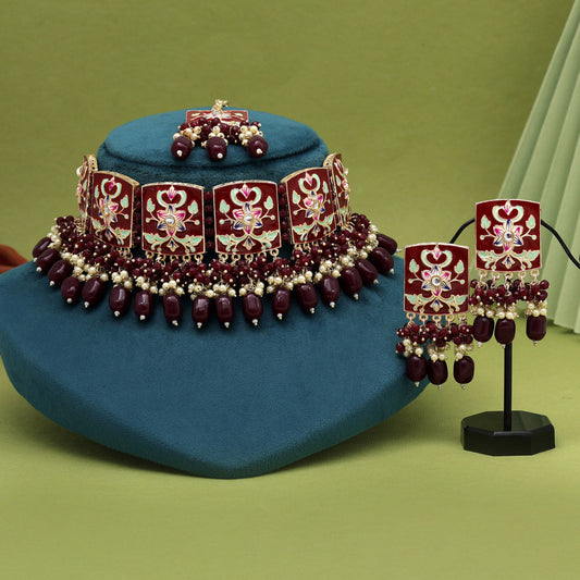 Maroon Color Choker Meenakari Necklace Set (MKN596MRN) - preyans.com