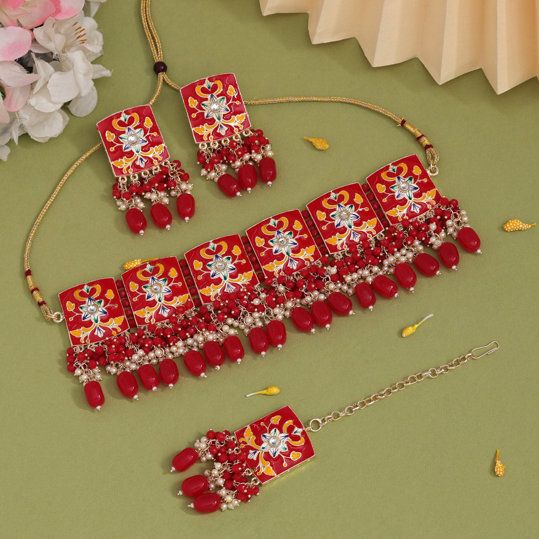 Red Color Choker Meenakari Necklace Set (MKN596RED) - preyans.com