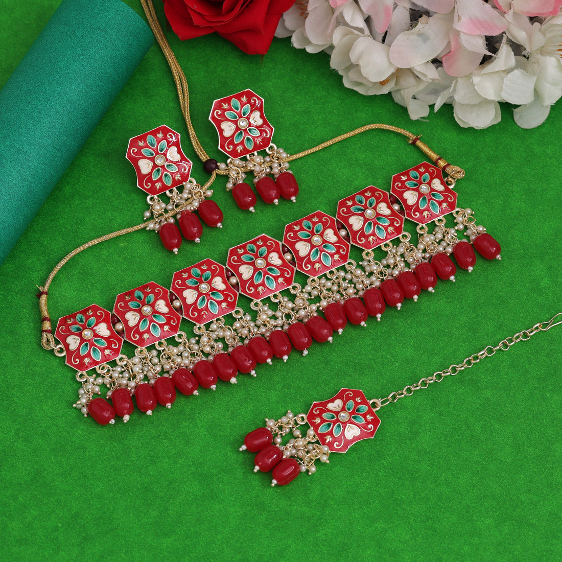 Red Color Choker Meenakari Necklace Set (MKN597RED) - preyans.com