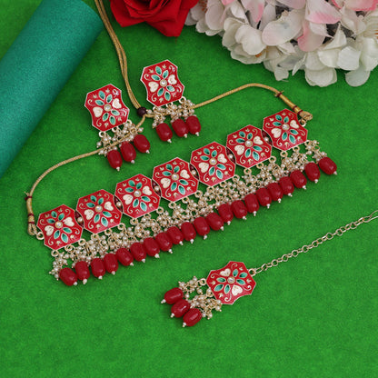 Red Color Choker Meenakari Necklace Set (MKN597RED) - preyans.com