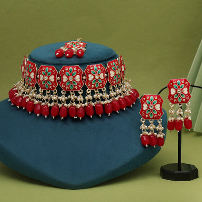 Red Color Choker Meenakari Necklace Set (MKN597RED) - preyans.com