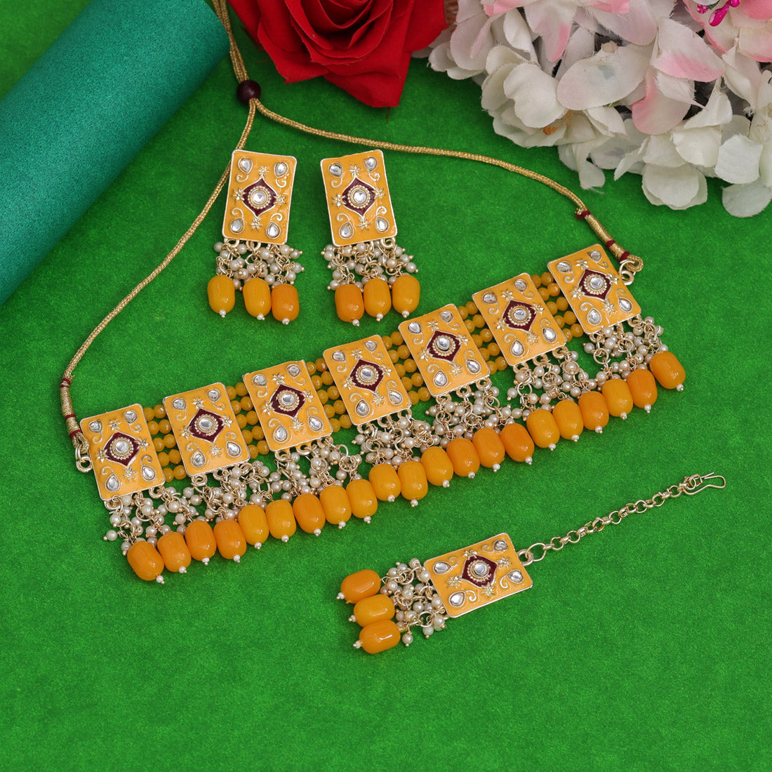 Yellow Color Choker Meenakari Necklace Set (MKN598YLW) - preyans.com