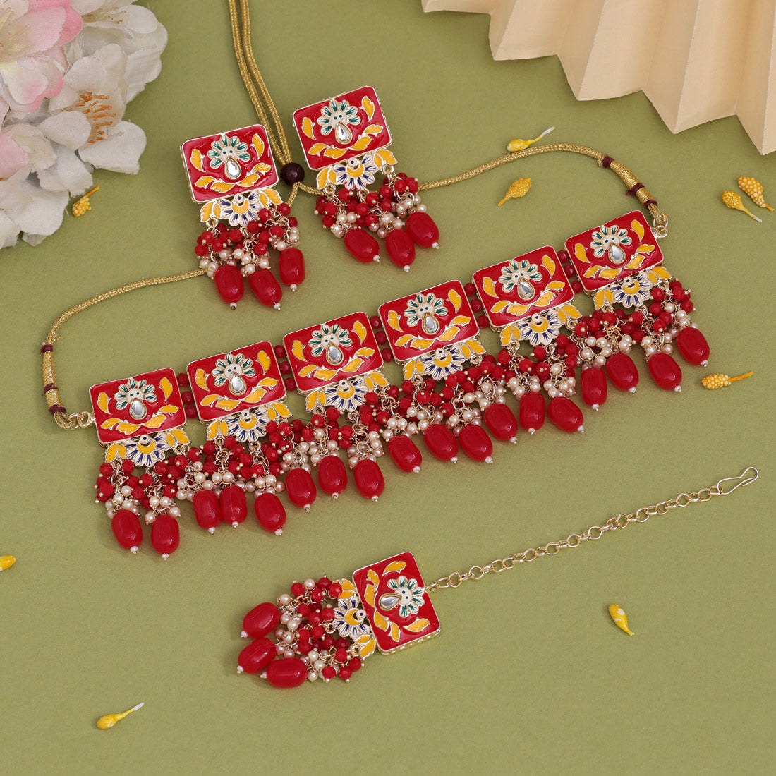 Red Color Choker Meenakari Necklace Set (MKN599RED) - preyans.com