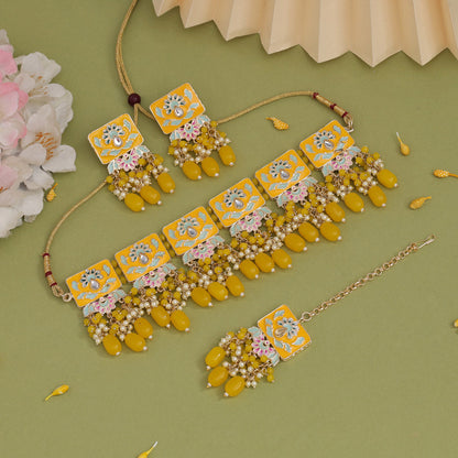 Yellow Color Choker Meenakari Necklace Set (MKN599YLW) - preyans.com