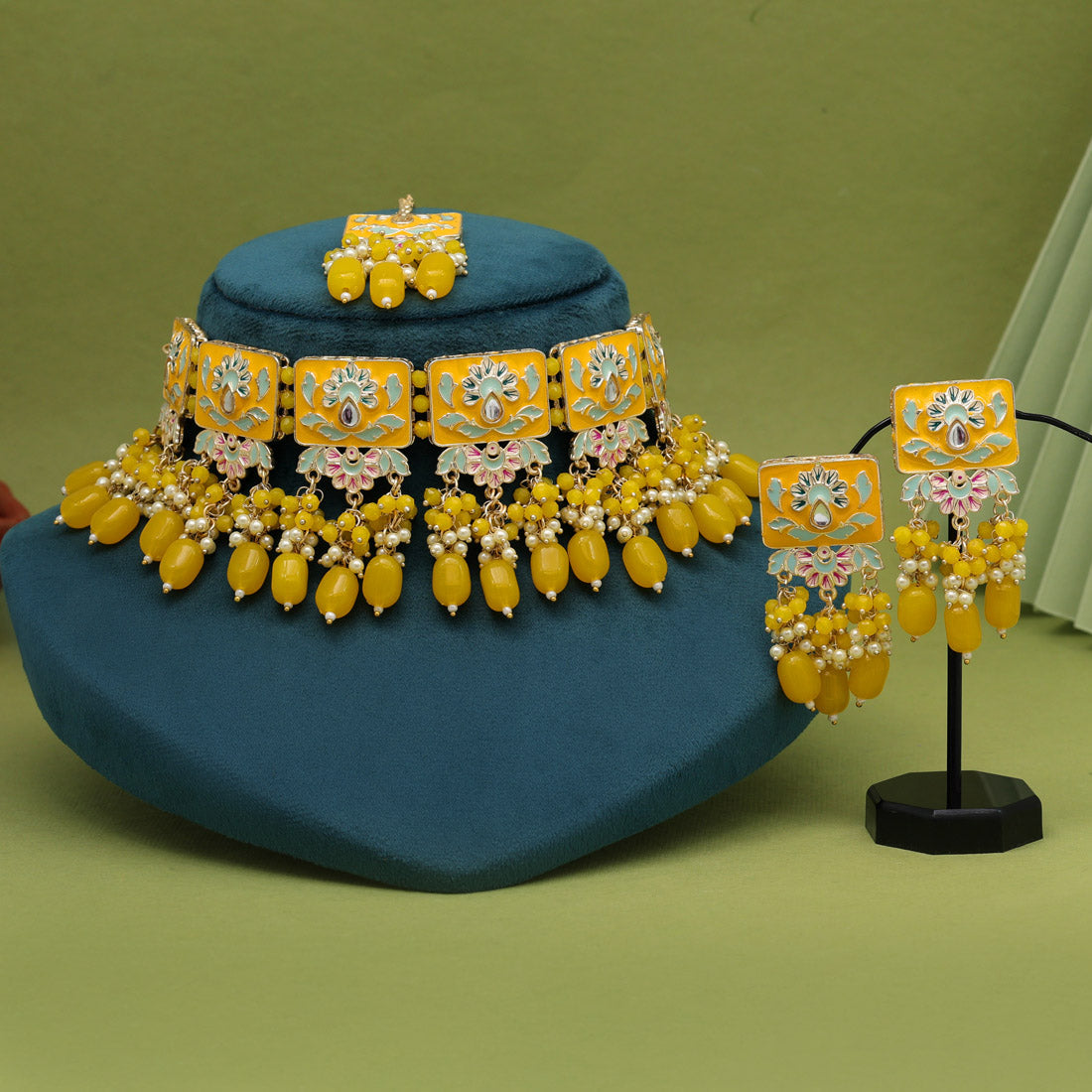 Yellow Color Choker Meenakari Necklace Set (MKN599YLW) - preyans.com