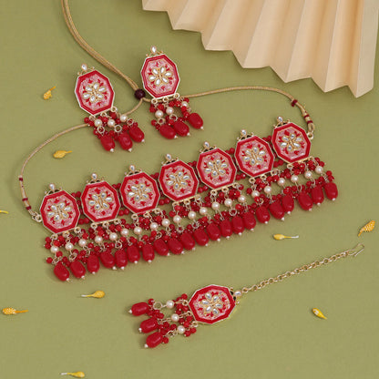 Red Color Choker Meenakari Necklace Set (MKN601RED) - preyans.com