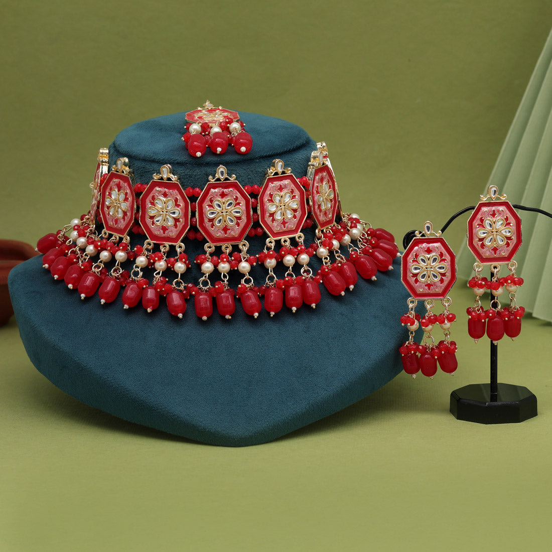 Red Color Choker Meenakari Necklace Set (MKN601RED) - preyans.com