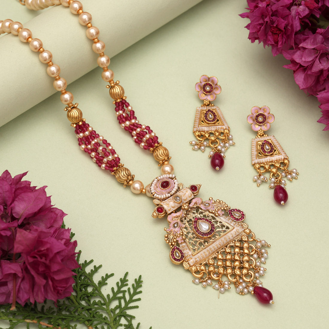 Rani Color Matte Gold Meenakari Necklace Set (MKN603RNI) - Preyans.com