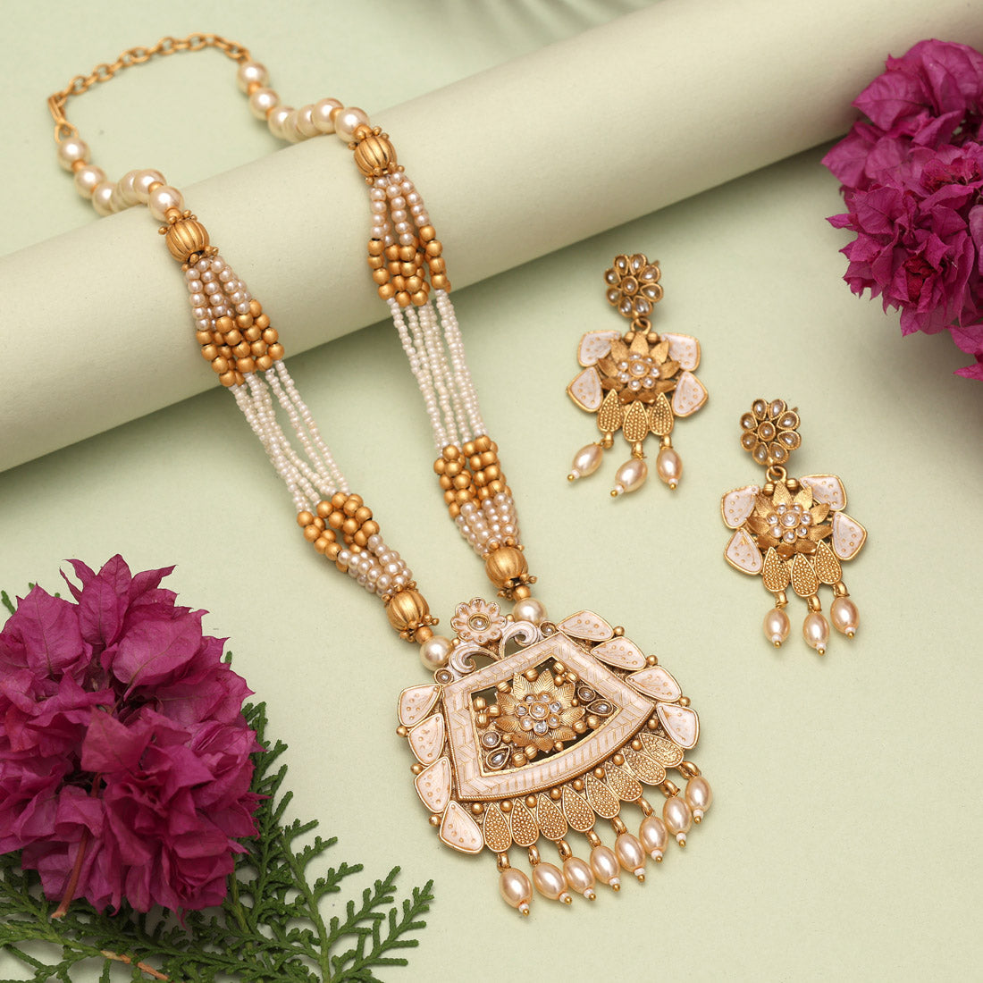 Gold Color Matte Gold Meenakari Necklace Set (MKN604GLD) - Preyans.com