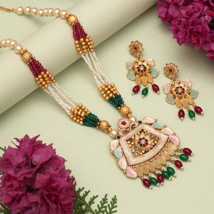 Rani & Green Color Matte Gold Meenakari Necklace Set (MKN604RNIGRN) - Preyans.com