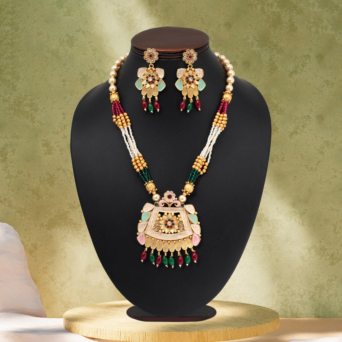 Rani & Green Color Matte Gold Meenakari Necklace Set (MKN604RNIGRN) - Preyans.com