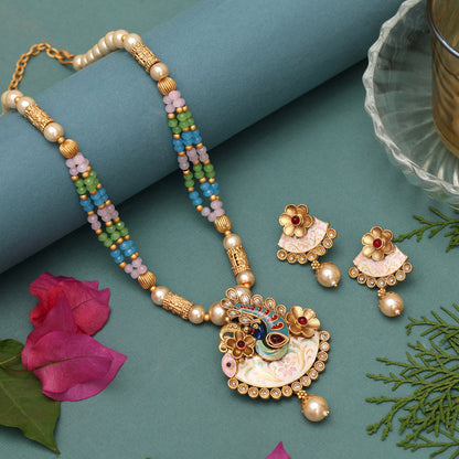 Multi Color Matte Gold Meenakari Necklace Set (MKN605MLT) - Preyans.com