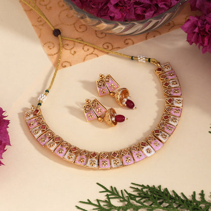 Pink Color Matte Gold Meenakari Necklace Set (MKN606PNK) - Preyans.com