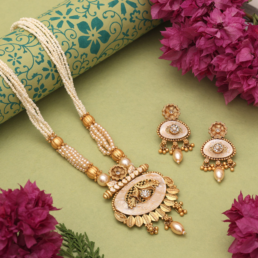 Gold Color Matte Gold Meenakari Necklace Set (MKN608GLD) - Preyans.com