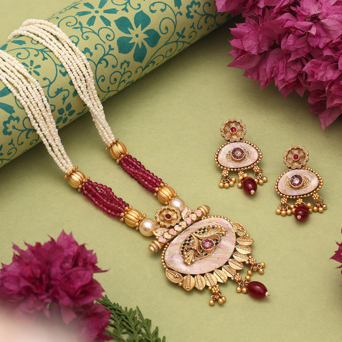 Rani Color Matte Gold Meenakari Necklace Set (MKN608RNI) - Preyans.com