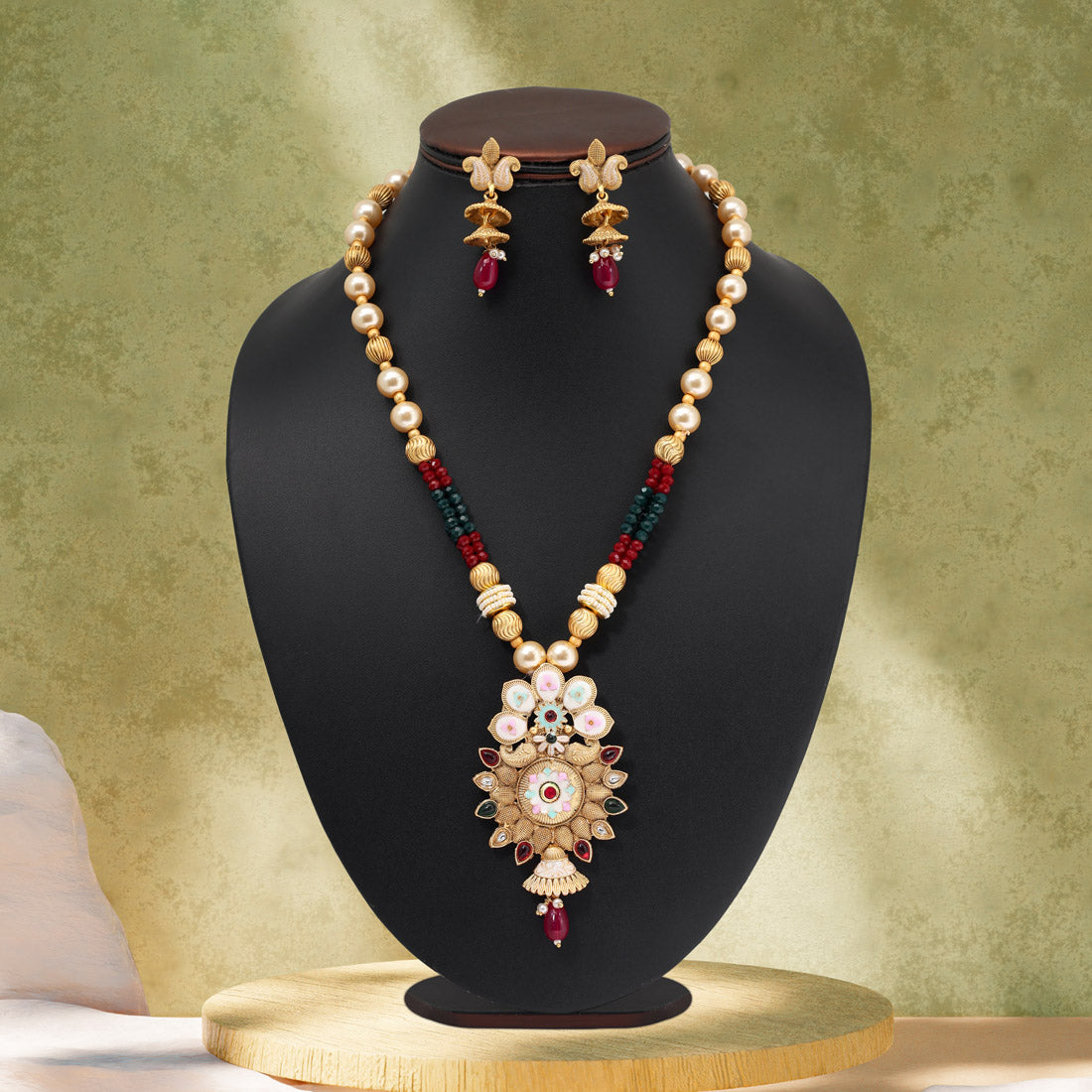 Maroon & Green Color Matte Gold Meenakari Necklace Set (MKN609MG) - Preyans.com