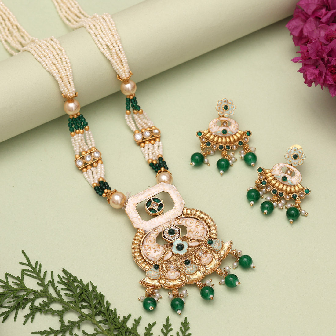 Green Color Matte Gold Meenakari Necklace Set (MKN610GRN) - Preyans.com