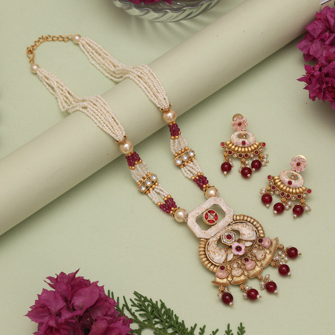 Maroon Color Matte Gold Meenakari Necklace Set (MKN610MRN) - Preyans.com