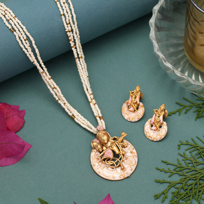 Pink Color Lord Radha Krishna Matte Gold Meenakari Necklace Set (MKN611PNK) - Preyans.com