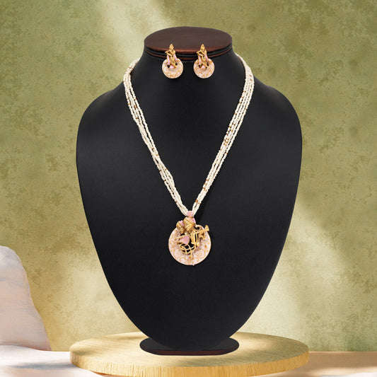 Pink Color Lord Radha Krishna Matte Gold Meenakari Necklace Set (MKN611PNK) - Preyans.com