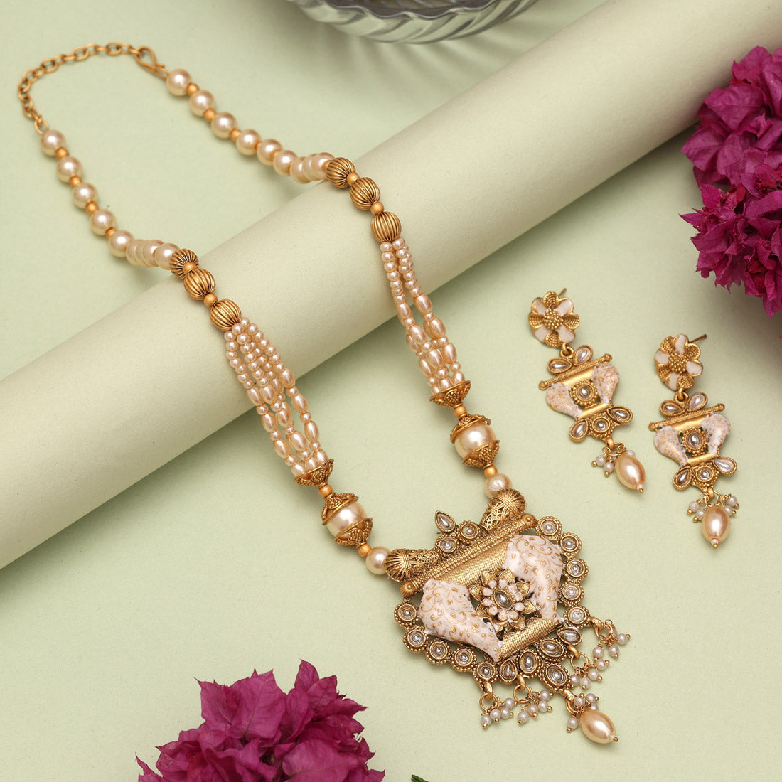 Gold Color Matte Gold Meenakari Necklace Set (MKN612GLD) - Preyans.com