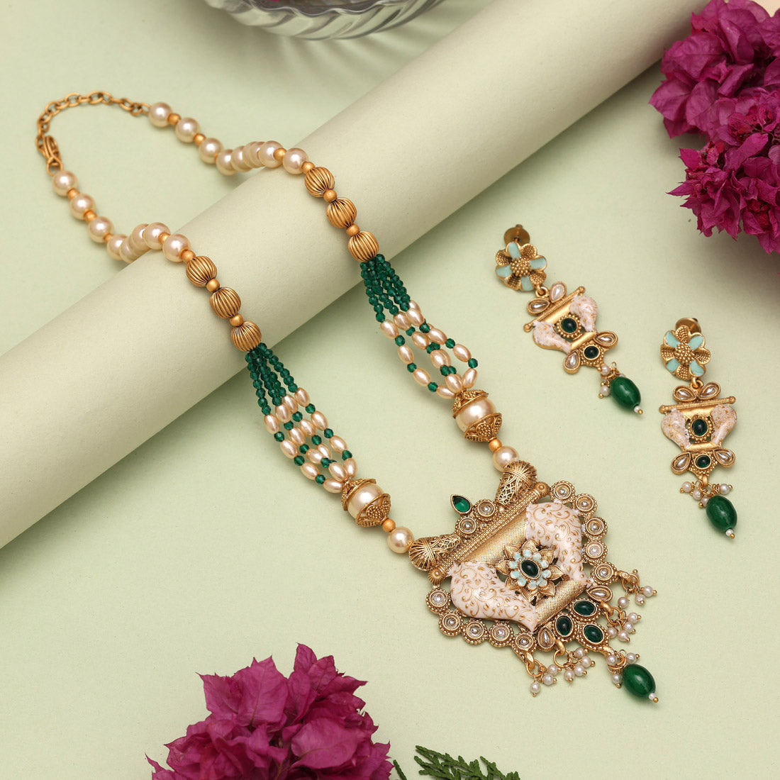 Green Color Matte Gold Meenakari Necklace Set (MKN612GRN) - Preyans.com