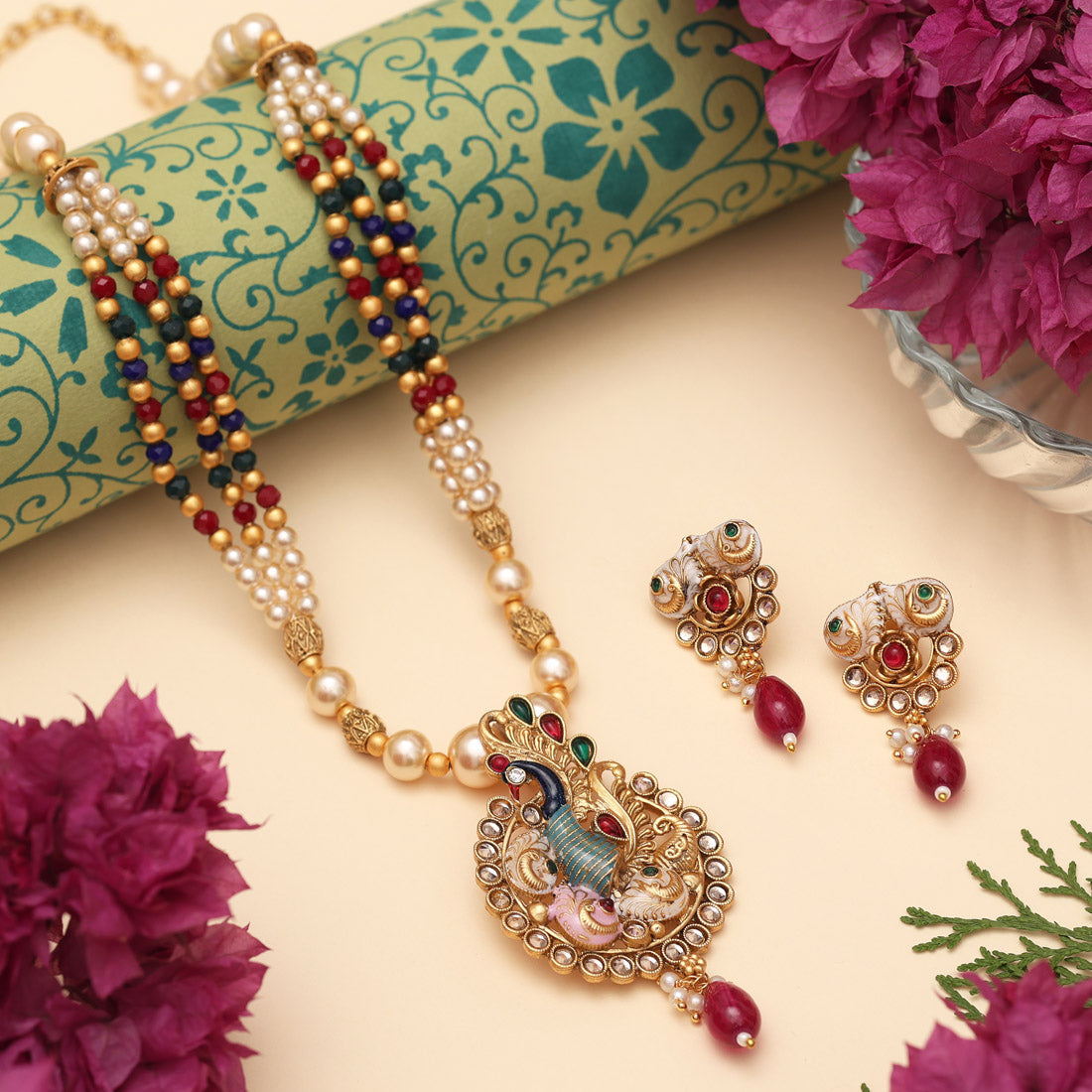 Multi Color Matte Gold Meenakari Necklace Set (MKN614MLT) - Preyans.com