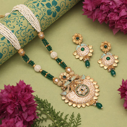 Green Color Matte Gold Meenakari Necklace Set (MKN615GRN) - Preyans.com