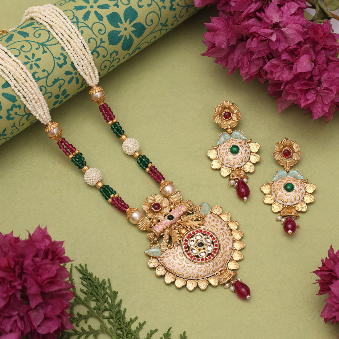 Rani & Green Color Matte Gold Meenakari Necklace Set (MKN615RNIGRN) - Preyans.com