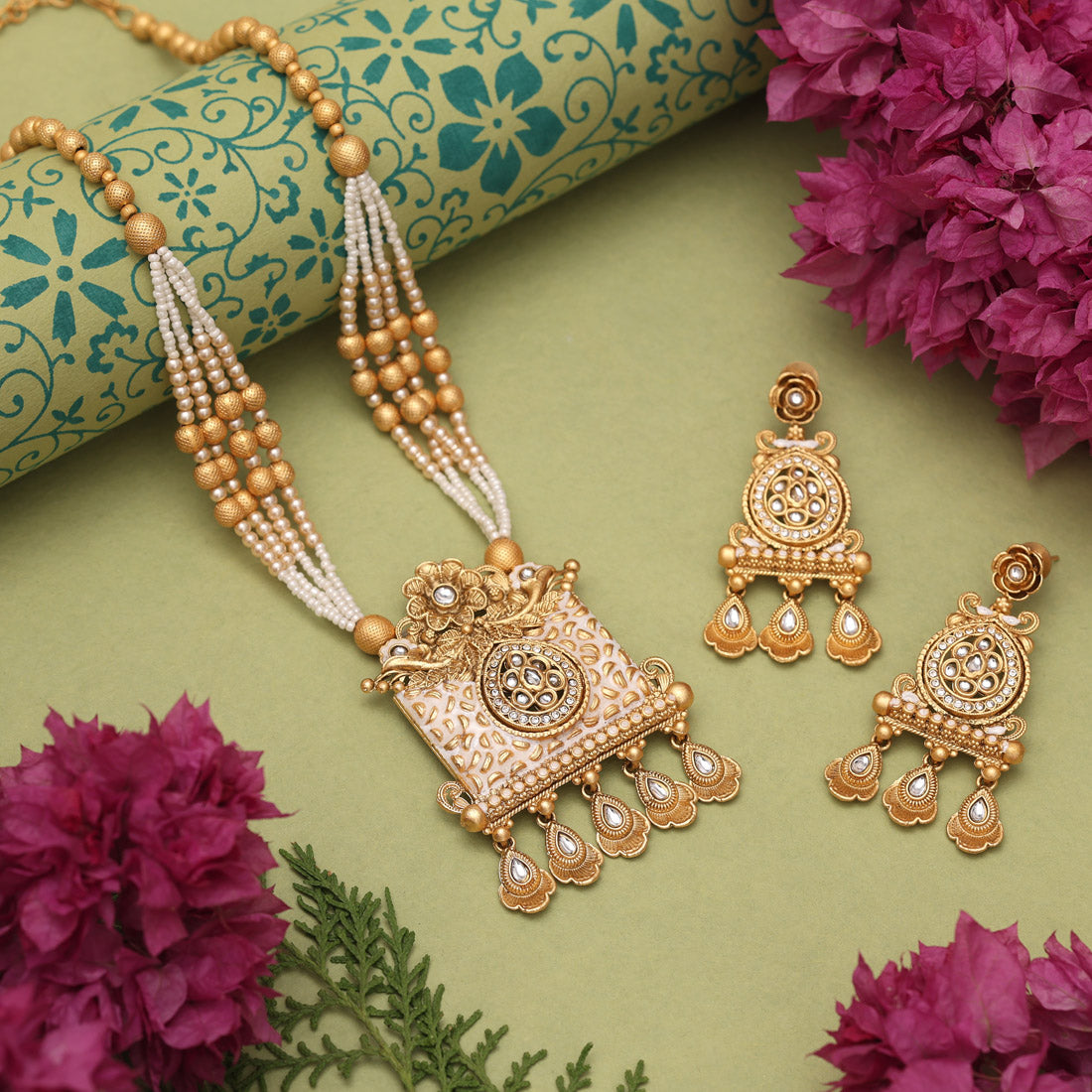 Gold Color Matte Gold Meenakari Necklace Set (MKN616GLD) - Preyans.com