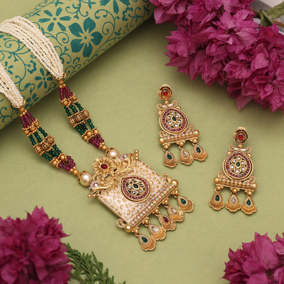 Rani & Green Color Matte Gold Meenakari Necklace Set (MKN616RNIGRN) - Preyans.com