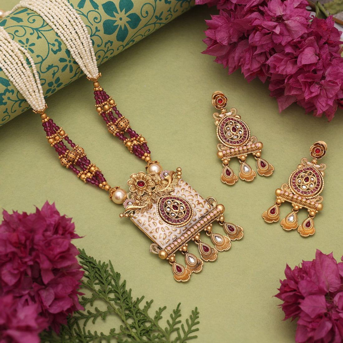 Rani Color Matte Gold Meenakari Necklace Set (MKN616RNI) - Preyans.com