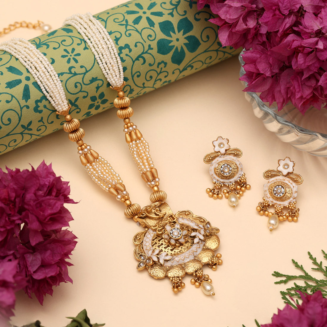 Gold Color Matte Gold Meenakari Necklace Set (MKN617GLD) - Preyans.com