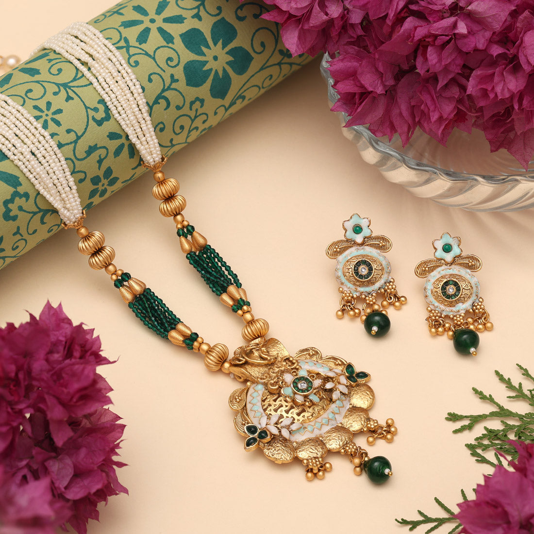 Green Color Matte Gold Meenakari Necklace Set (MKN617GRN) - Preyans.com