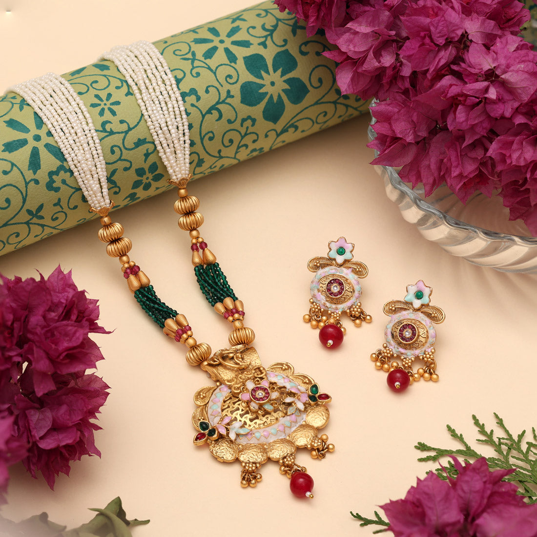 Rani & Green Color Matte Gold Meenakari Necklace Set (MKN617RNIGRN) - Preyans.com