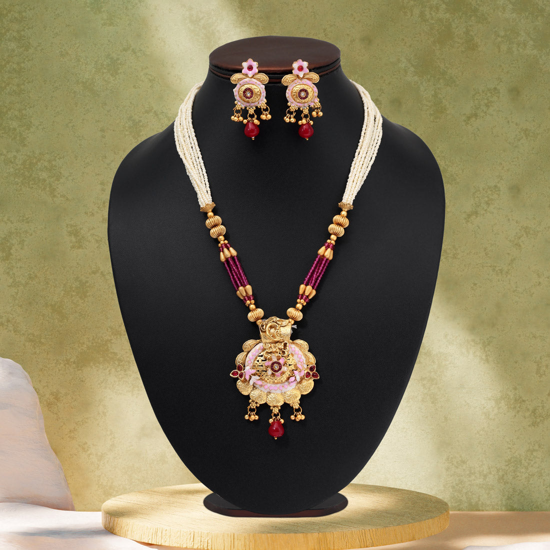 Rani Color Matte Gold Meenakari Necklace Set (MKN617RNI) - Preyans.com