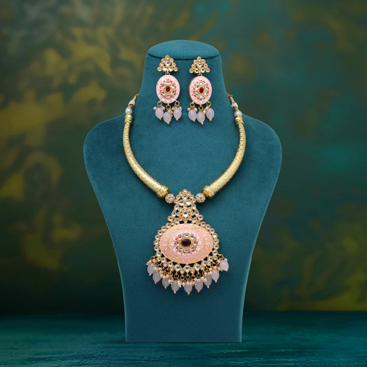 Pink Color Amazing Handmade Kundan Meenakari Hasli Necklace Of Jaipur (MKN621PNK) - Preyans.com