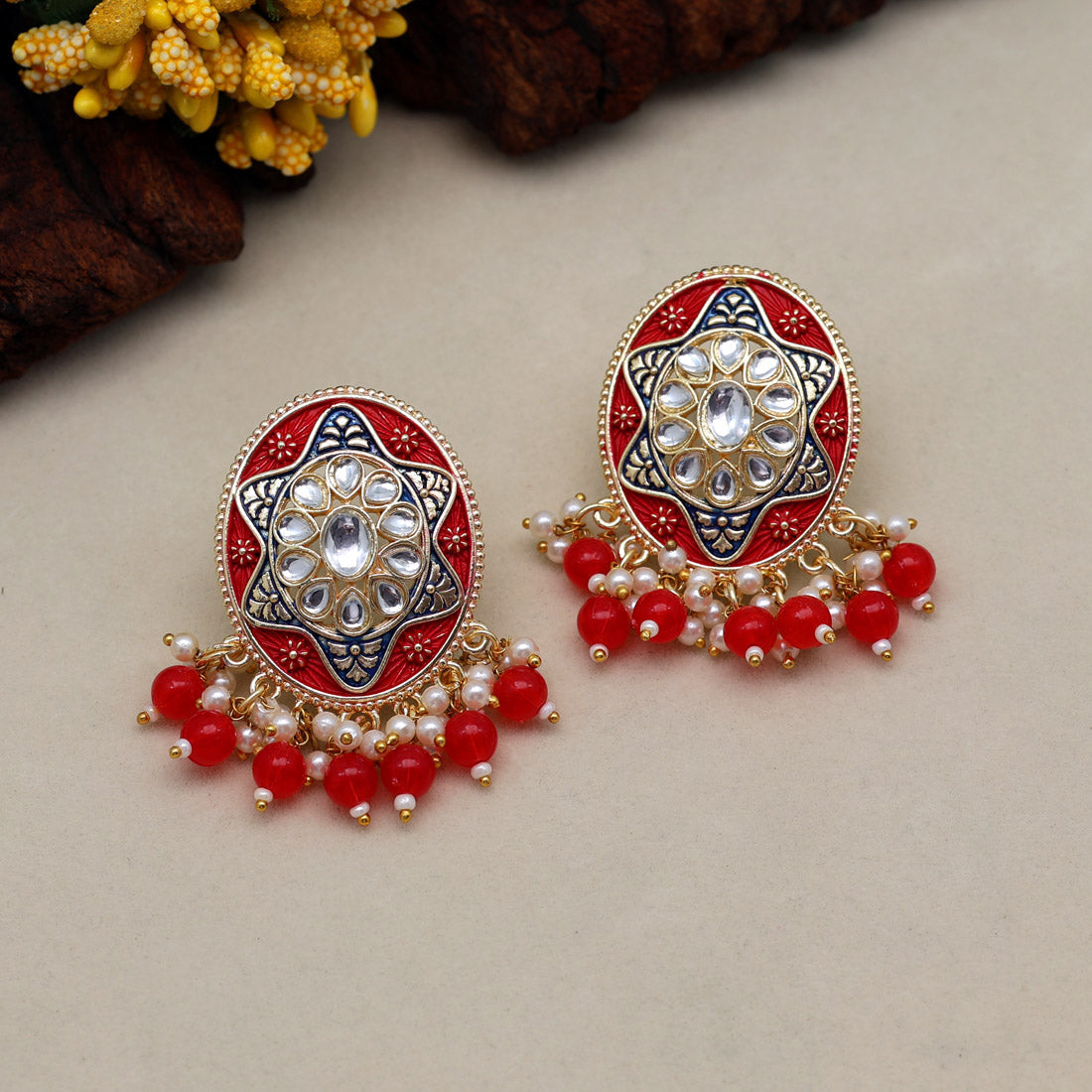 Red Color Mint Meena Earrings (MNTE457RED) - preyans.com