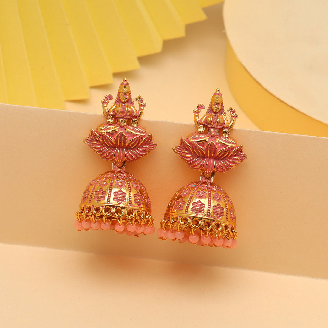 Peach Color Goddess Lakshmi Mint Meena Earrings (MNTE478PCH) - preyans.com