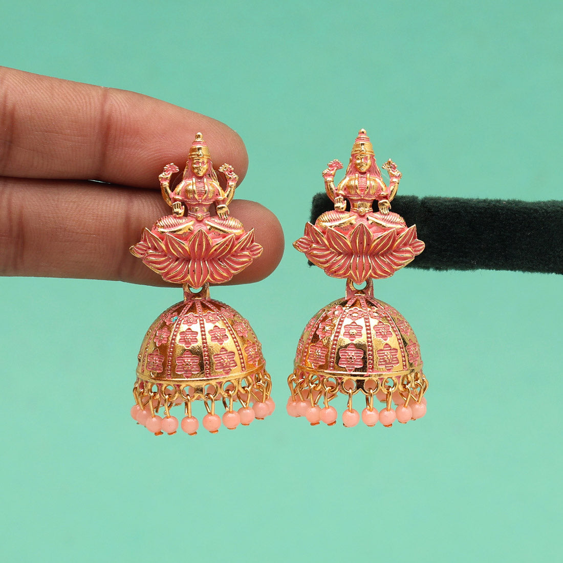 Peach Color Goddess Lakshmi Mint Meena Earrings (MNTE478PCH) - preyans.com