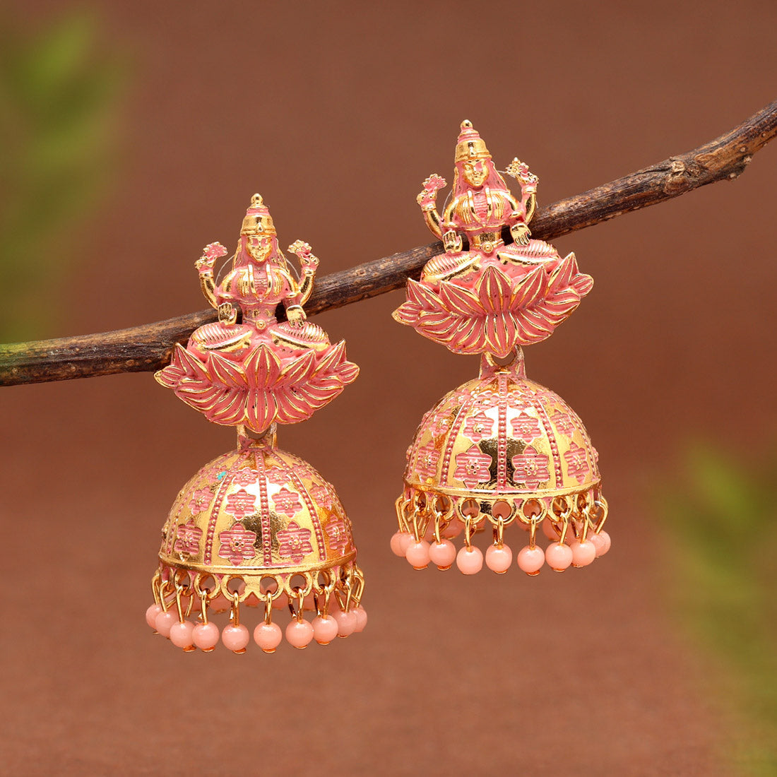 Peach Color Goddess Lakshmi Mint Meena Earrings (MNTE478PCH) - preyans.com