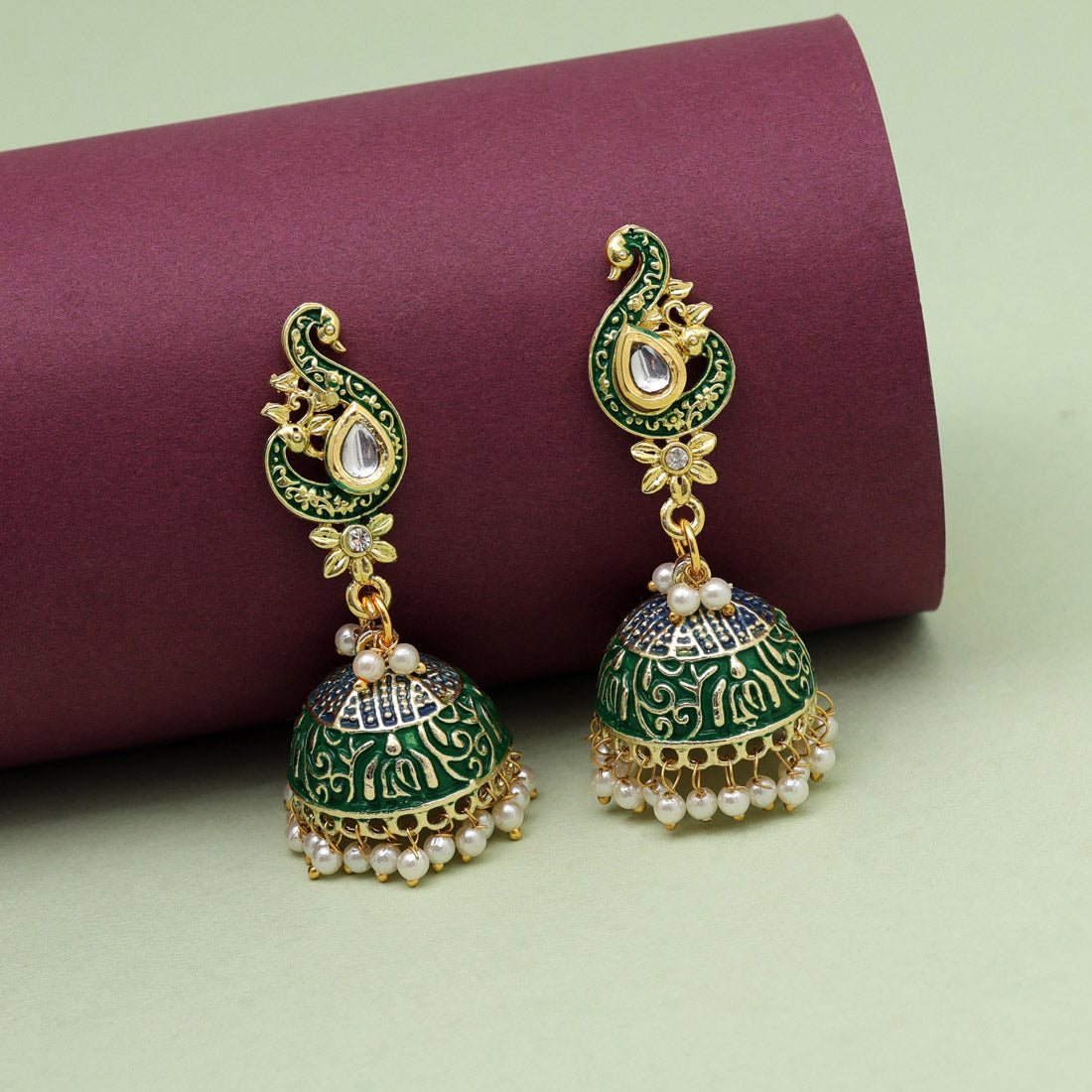 Green Color Mint Meena Earrings (MNTE485GRN) - preyans.com