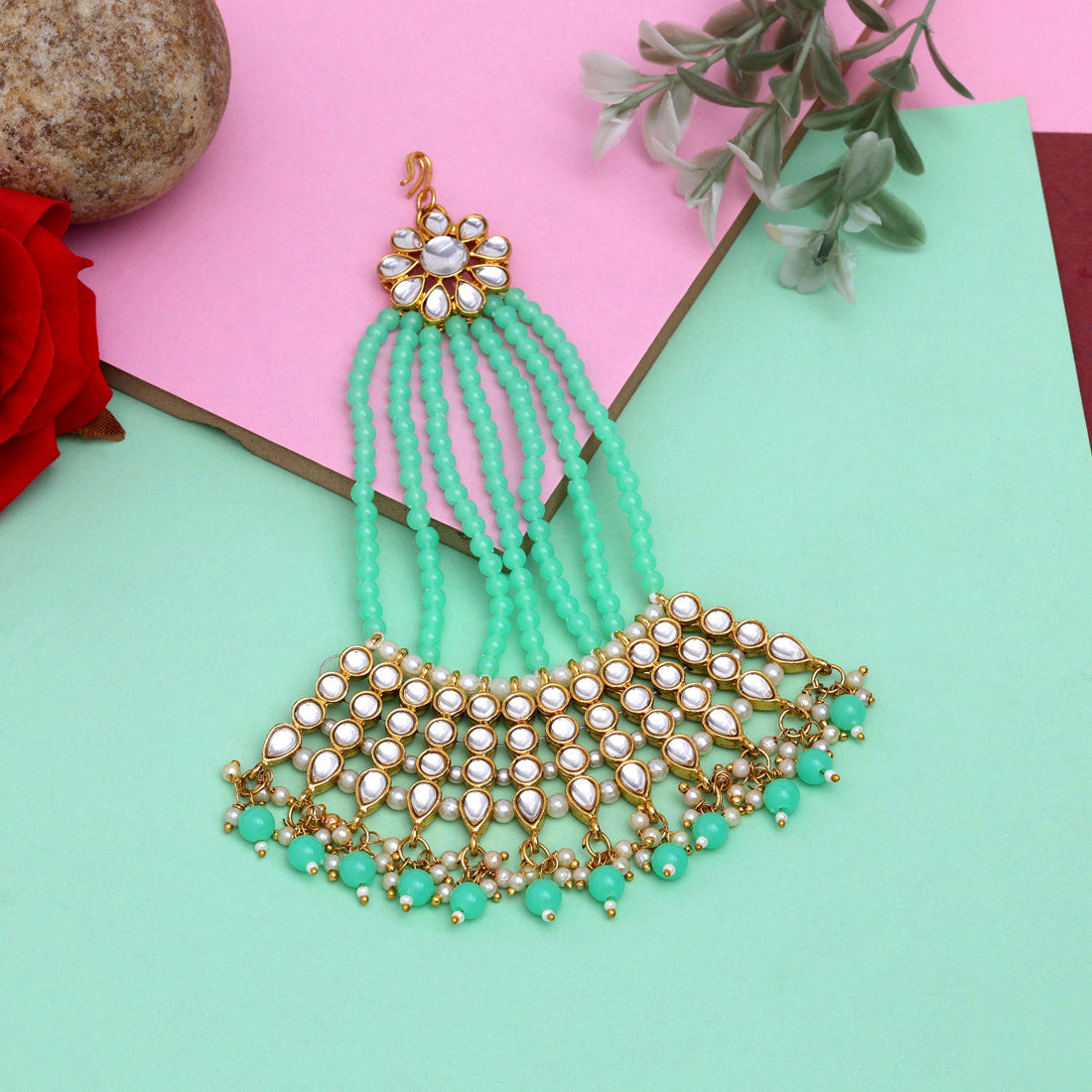 Parrot Green Color Kundan Maang Pasa (MPS184PGRN) - preyans.com